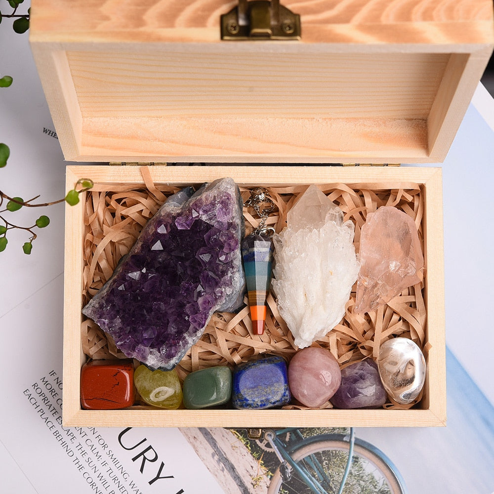 Natural Healing Stones with Wooden Box